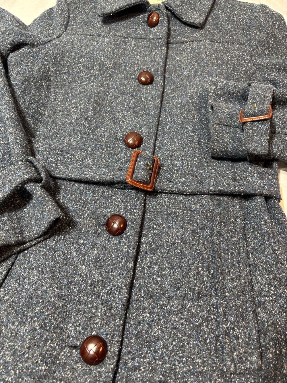 L.L. Bean Vintage Wool Silk Blend Belted Car Coat Jacket Leather Buttons XS